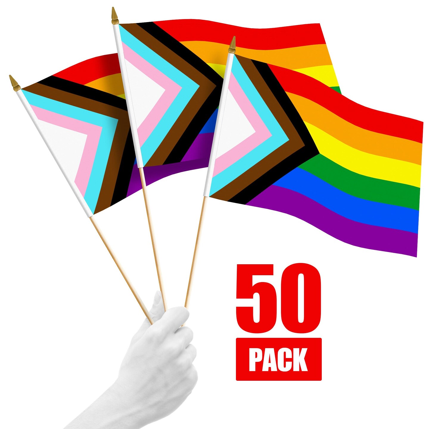G128 50 Pack Handheld LGBT Progress Rainbow Pride Stick Flags | 12x18 In | Printed 150D Polyester, Country Flag, Solid Wooden Stick, Spear Gold Tip