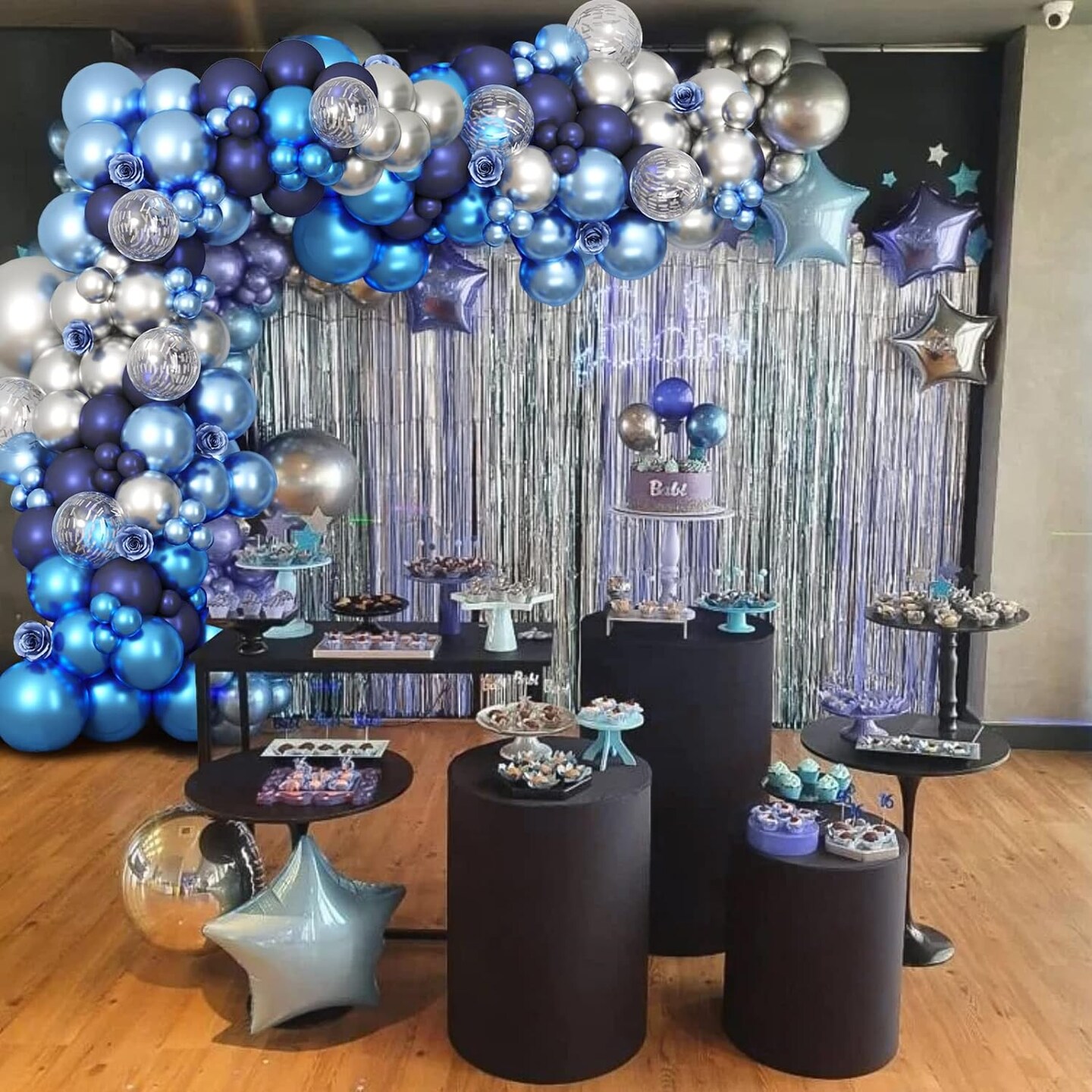 87pcs Metallic Blue Silver Balloon Garland Arch Kit, 18 12 10 5 Inch Blue Silver Confetti Latex Party Balloons for Birthday Graduation Baby Shower Decoration