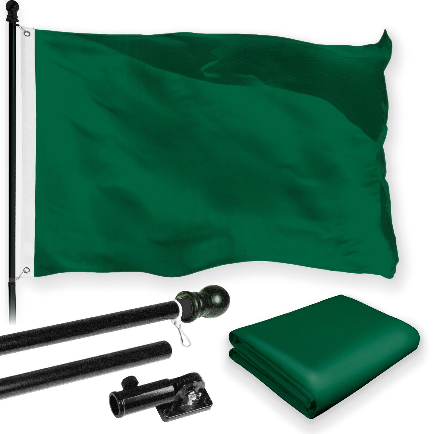 G128 Combo Pack: 5 Ft Tangle Free Aluminum Spinning Flagpole (Black) &#x26; Solid Dark Green Color Flag 2.5x4 Ft, LiteWeave Pro Series Printed 150D Polyester | Pole with Flag Included