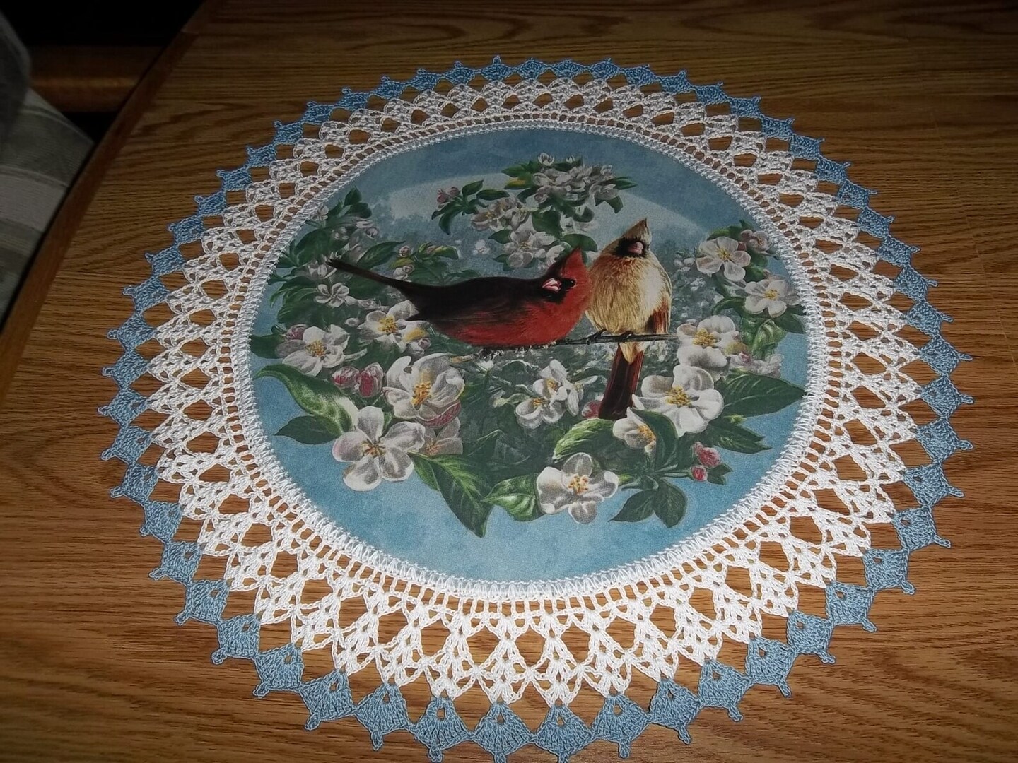 Cardinals, Crocheted Doily, Bird Centerpiece in the Apple Blossoms Bird ...