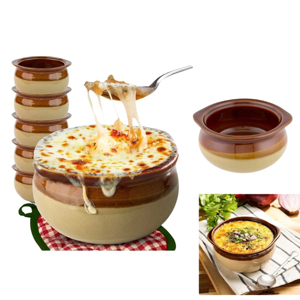 Set of 4 French Onion Soup Crocks 12 oz Brown & Ivory Ceramic Bowls