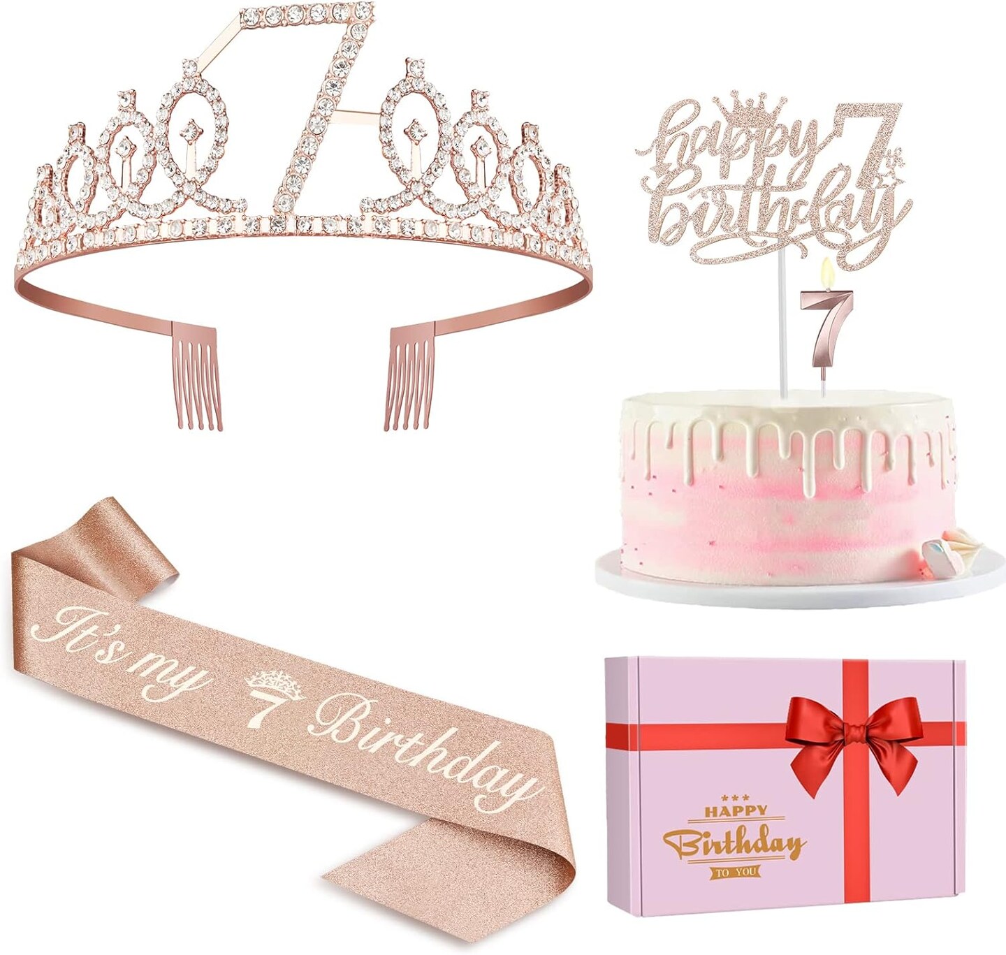 7th Birthday Decorations for Girl with 7th Birthday Sash and Tiara, Numeral 7 Candle and Cake Topper, 7th Birhtday Girls Rose Gold Party Favor Supplies