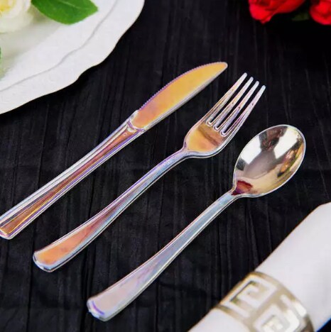 24 Iridescent Disposable Plastic Cutlery Spoon Fork Knife Set