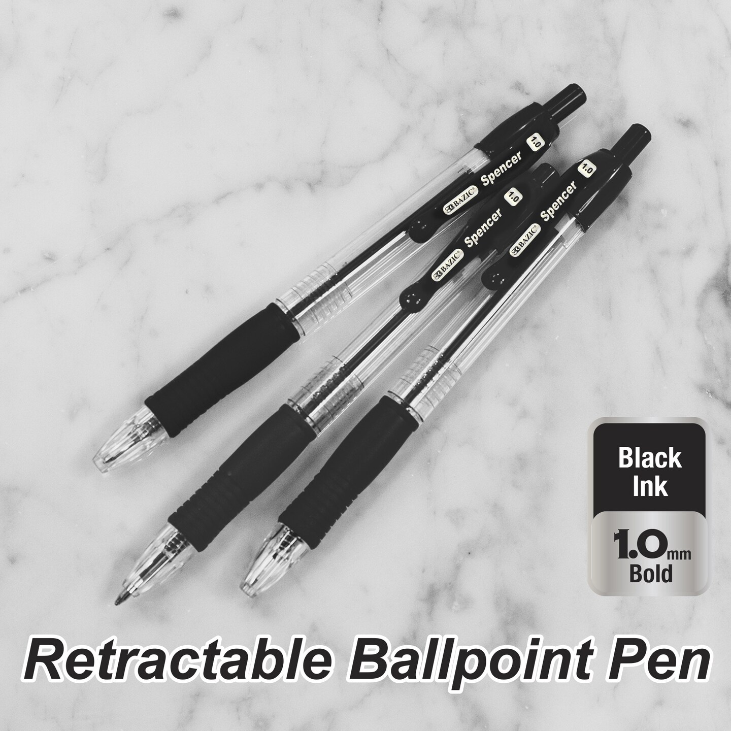 BAZIC Spencer Black Retractable Pen w/ Cushion Grip (5/Pack)