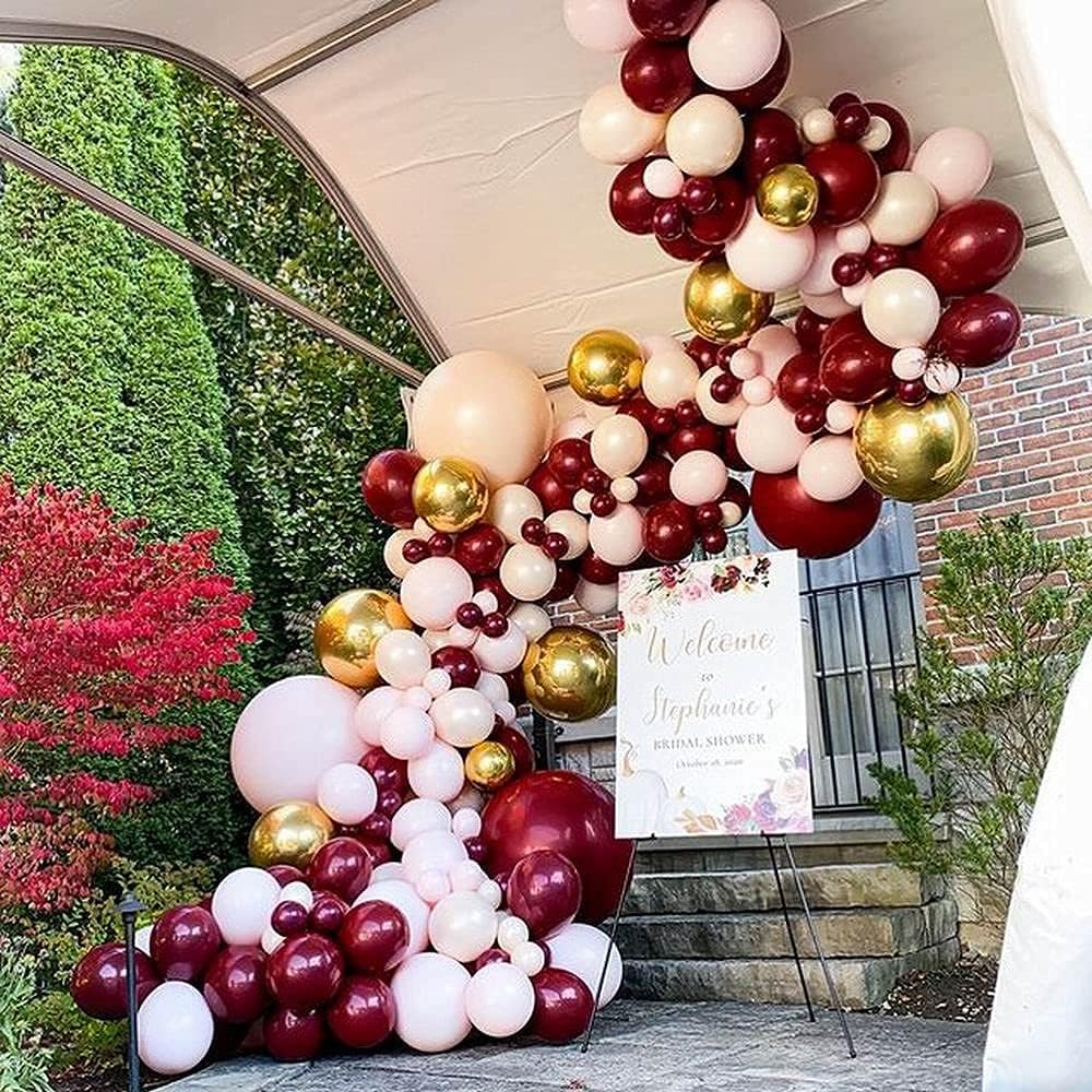 118pcs Burgundy Gold Balloon Arch Garland Kit Wine Red Metallic Gold Dot Confetti Balloons for Valentines Day Birthday Wedding Graduation Decorations Baby Shower Bridal Shower Globos