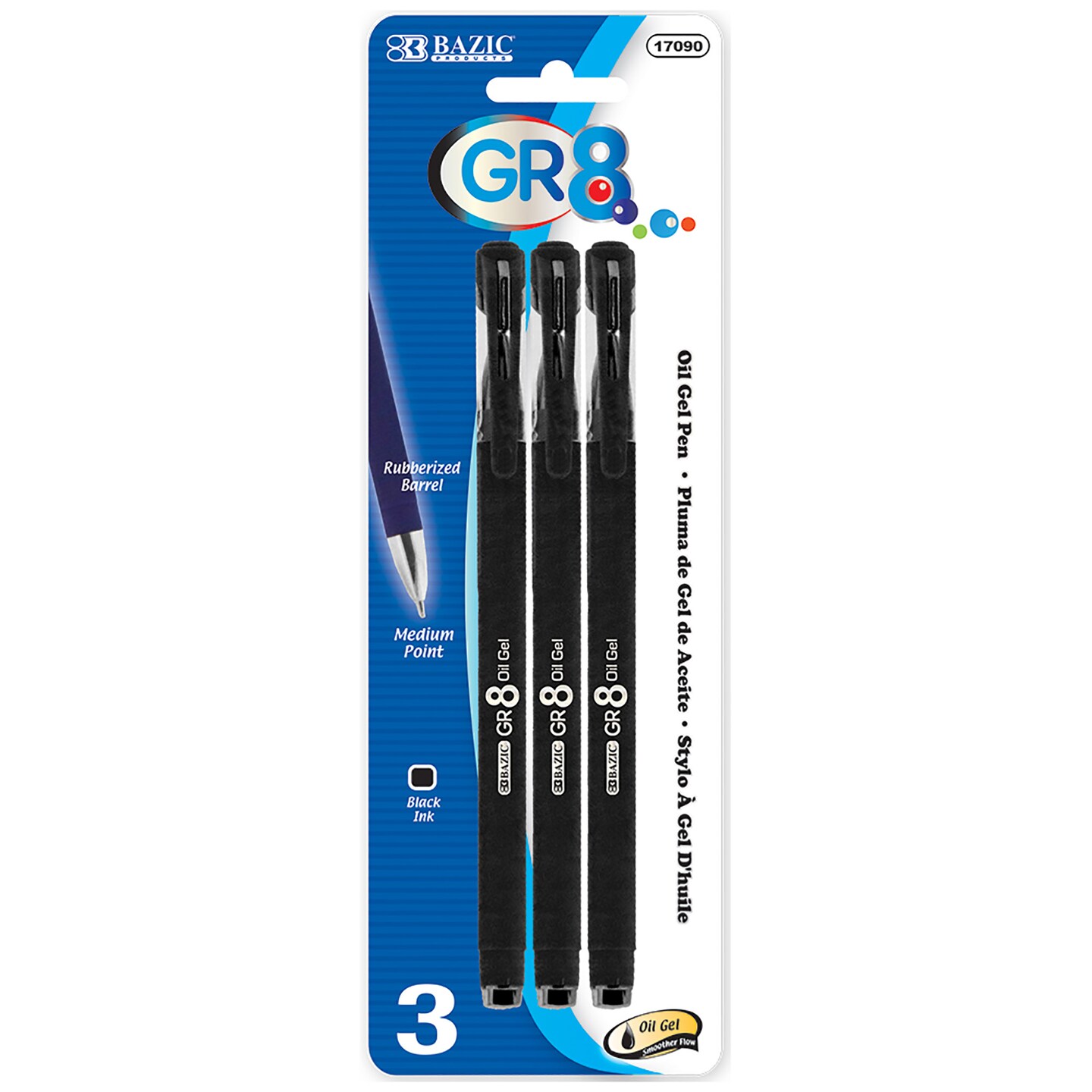 BAZIC GR8 Black Oil-Gel Ink Pen w/ Rubberized Barrel (3/Pack)