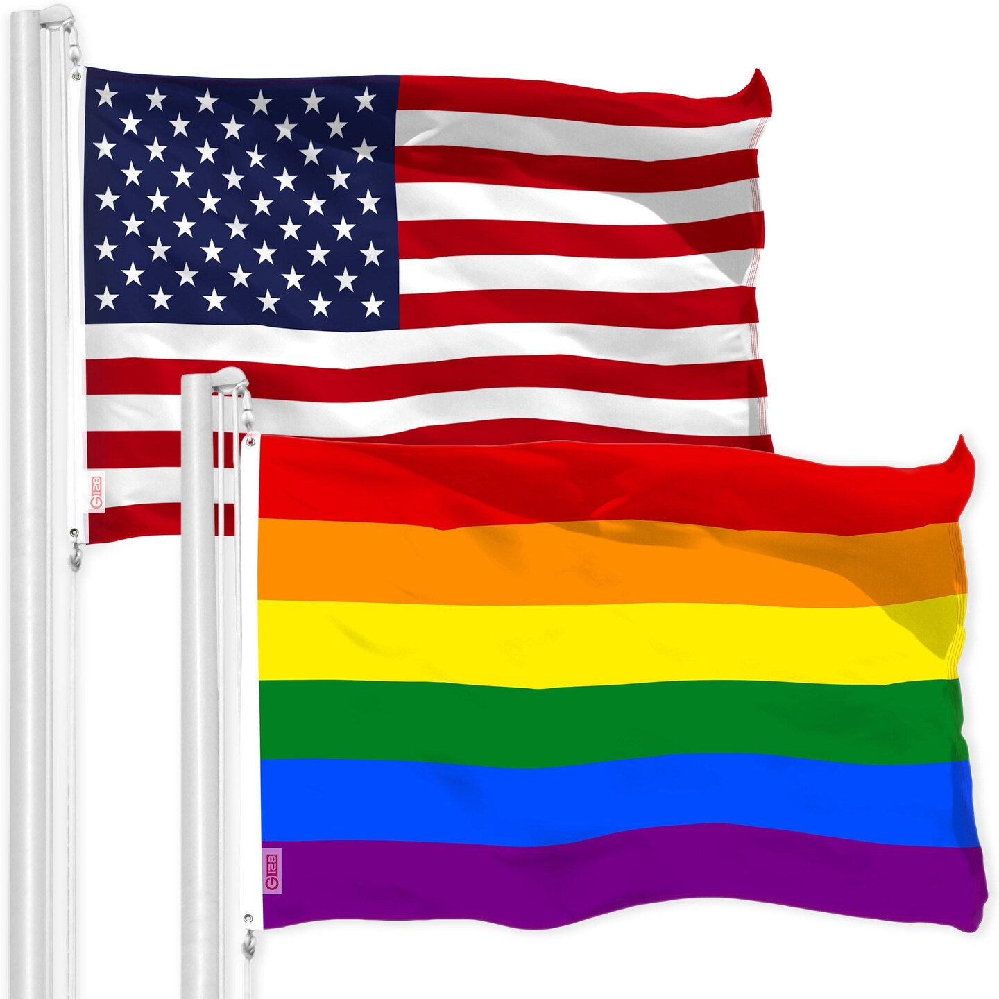 G128 Combo Pack: American USA Flag 3x5 Ft &#x26; LGBT Rainbow Pride Flag 3x5 Ft | Both LiteWeave Pro Series Printed 150D Polyester, Brass Grommets