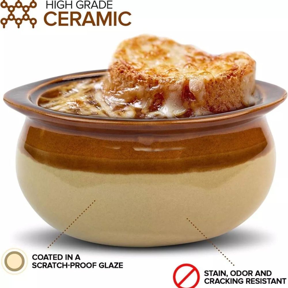 Set of 4 French Onion Soup Crocks 12 oz Brown & Ivory Ceramic Bowls