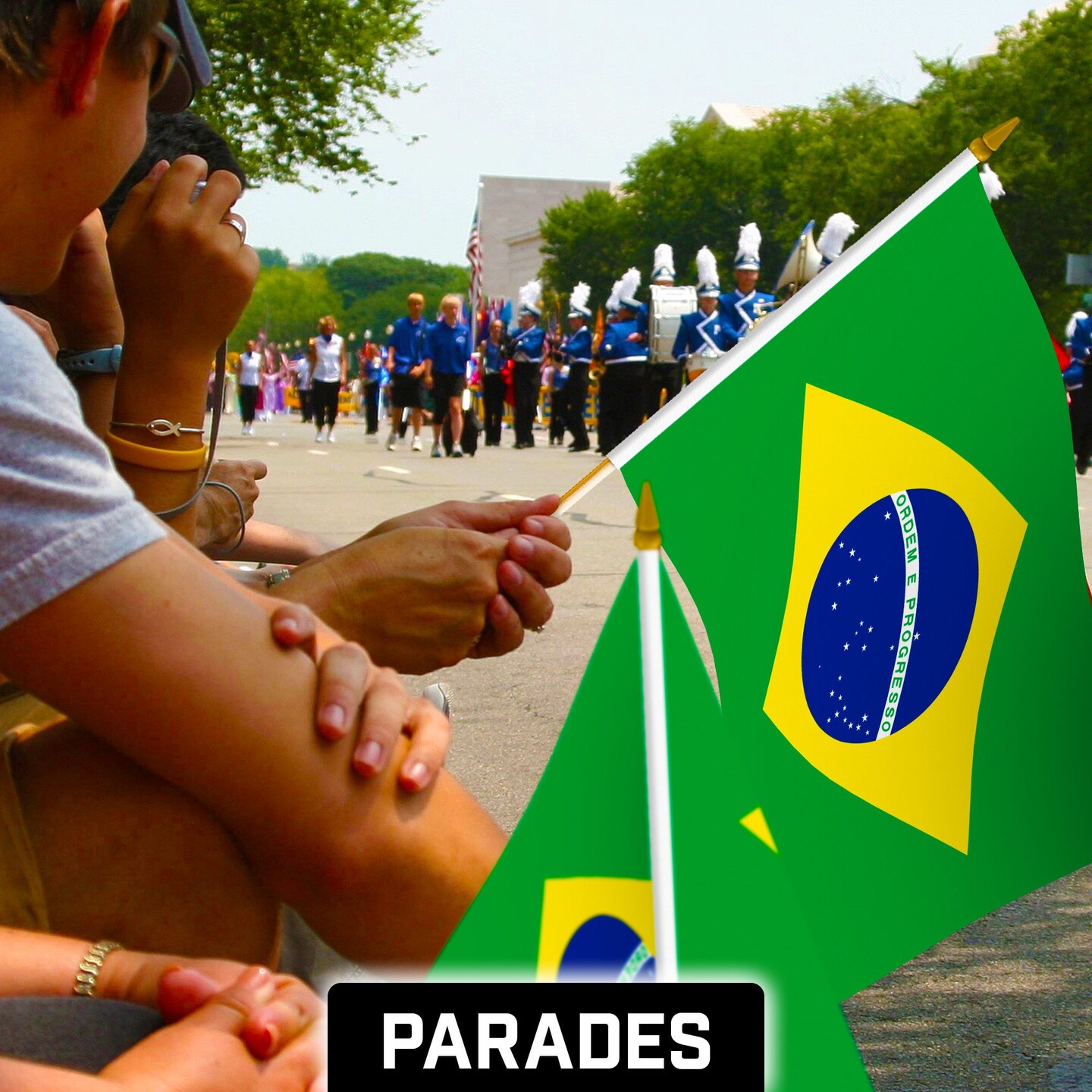 G128 50 Pack Handheld Brazil Brazilian Stick Flags | 12x18 In | Printed 150D Polyester, Country Flag, Solid Wooden Stick, Spear Gold Tip