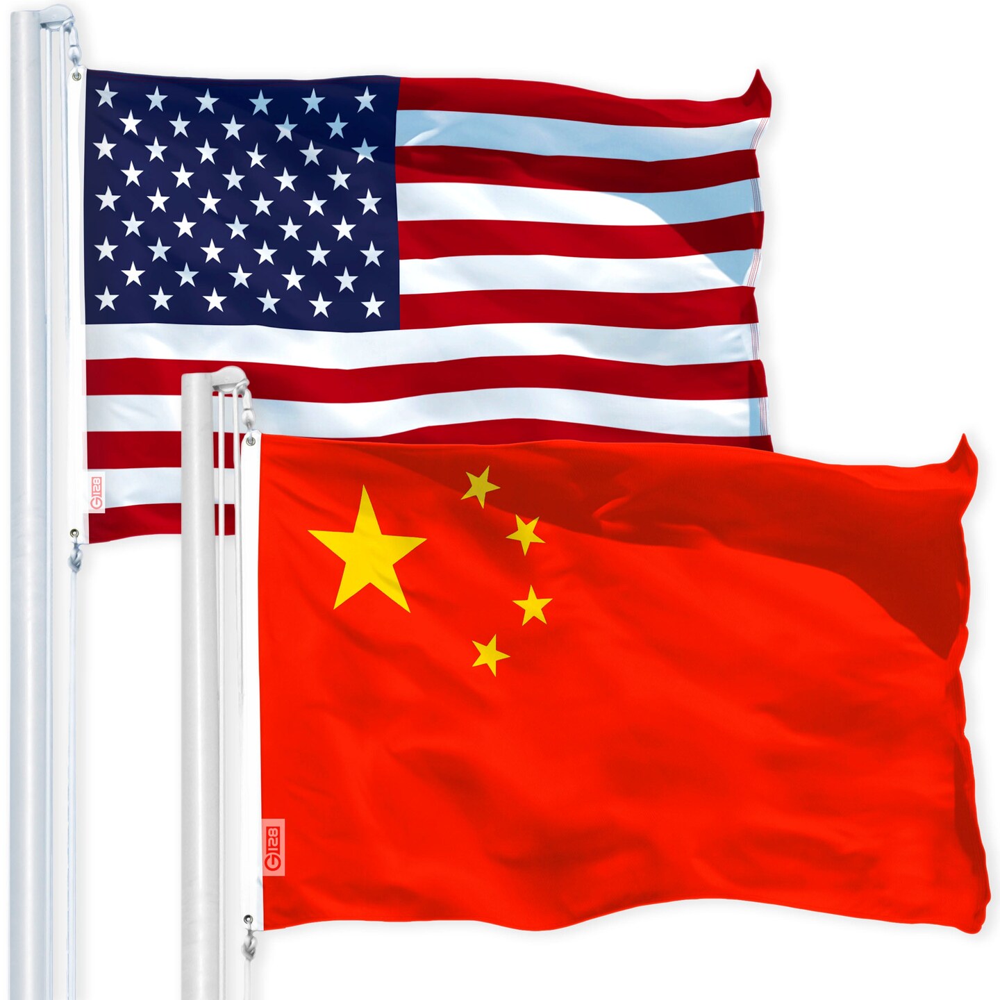 G128 Combo Pack: USA American Flag 3x5 Ft 150D Printed Stars &#x26; China (Chinese) Flag 3x5 Ft 150D Printed
