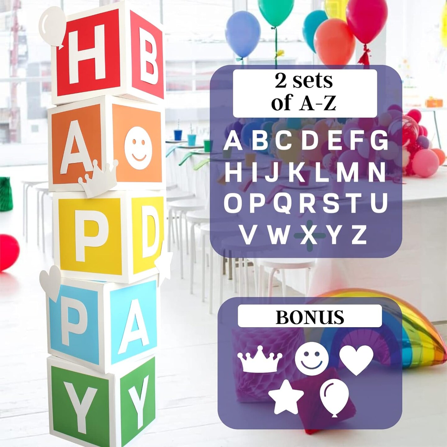 Rainbow Party Decorations - 5 PC Letter Boxes for Party - 52 PC Letters (2-Sets of A-Z) for Custom NAME, 5 PC Fun Cutouts - Colorful Birthday Decorations Rainbow Birthday Decorations Block Letters