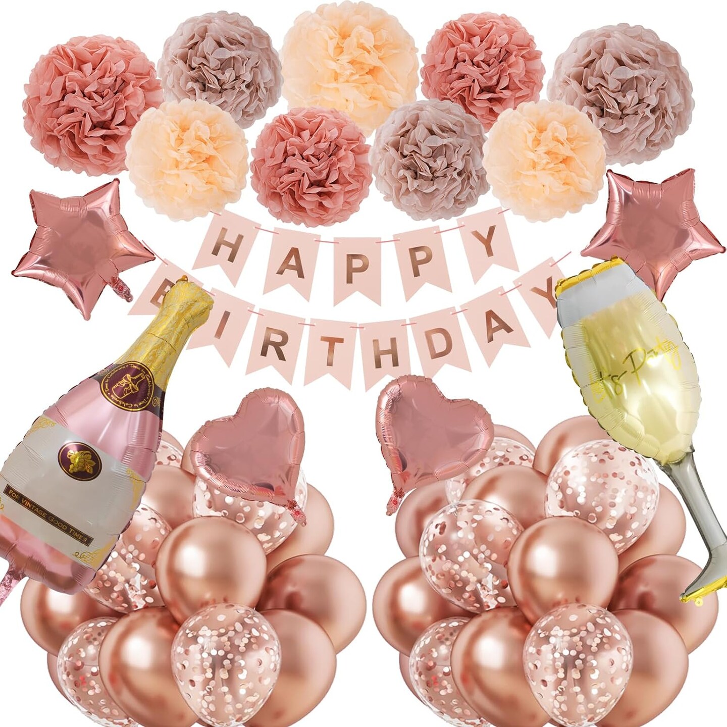 Rose Gold Birthday Decorations for Women and Girls, Rose Gold Party Decorations Set,Happy Birthday Banner, Metallic Rose Gold Confetti Balloons, Foil Balloons