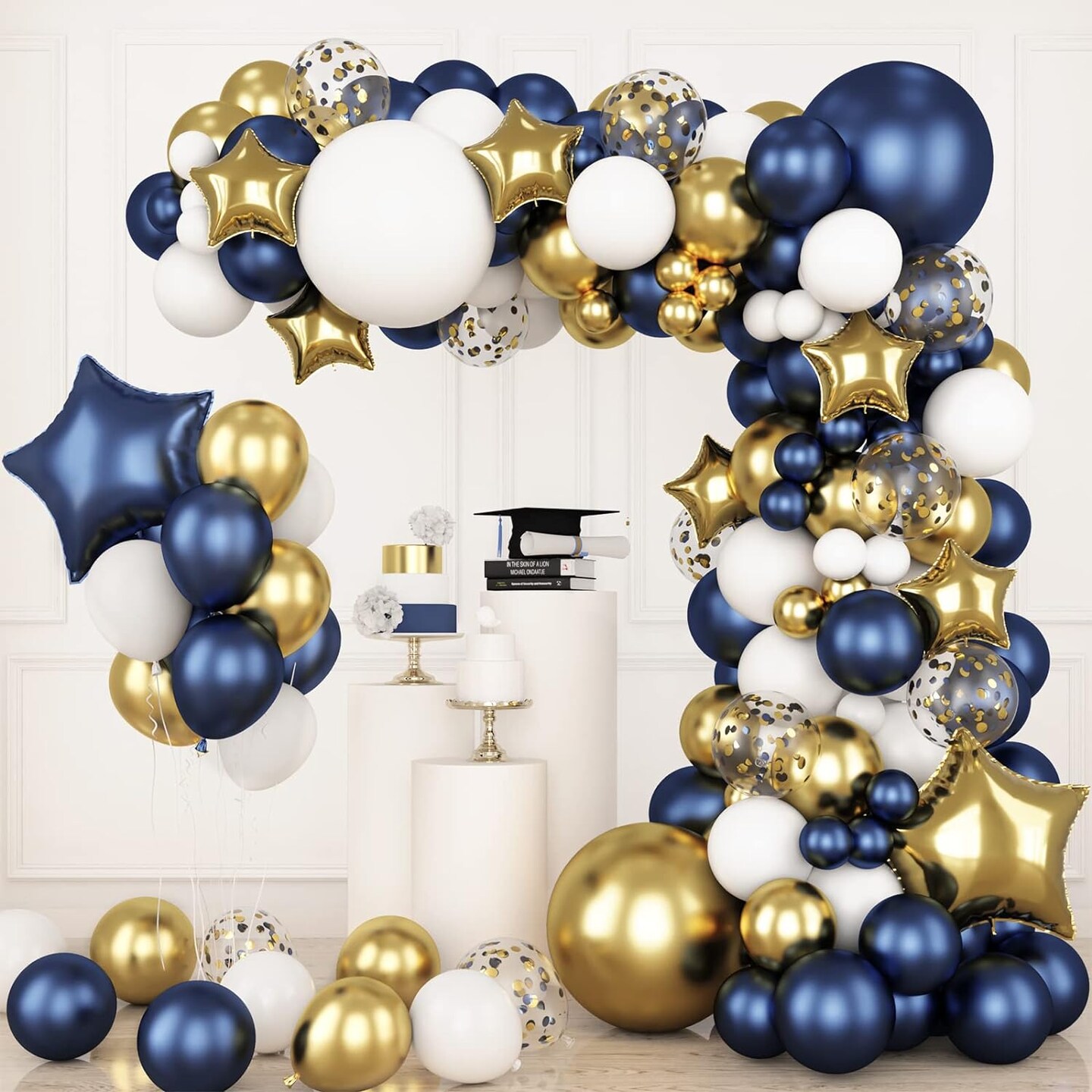 176pcs Navy Blue Gold Balloons Arch Kit, Navy Blue Balloon Garland Metallic Gold White Confetti Balloon Foil Balloons for Baby Shower Birthday Party Wedding Anniversary Graduation Decoration