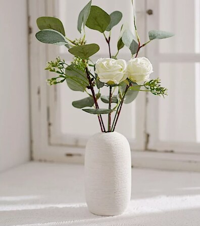 15&#x22; Ivory Artificial Seeded Eucalyptus Leaves Silk Roses Bouquet