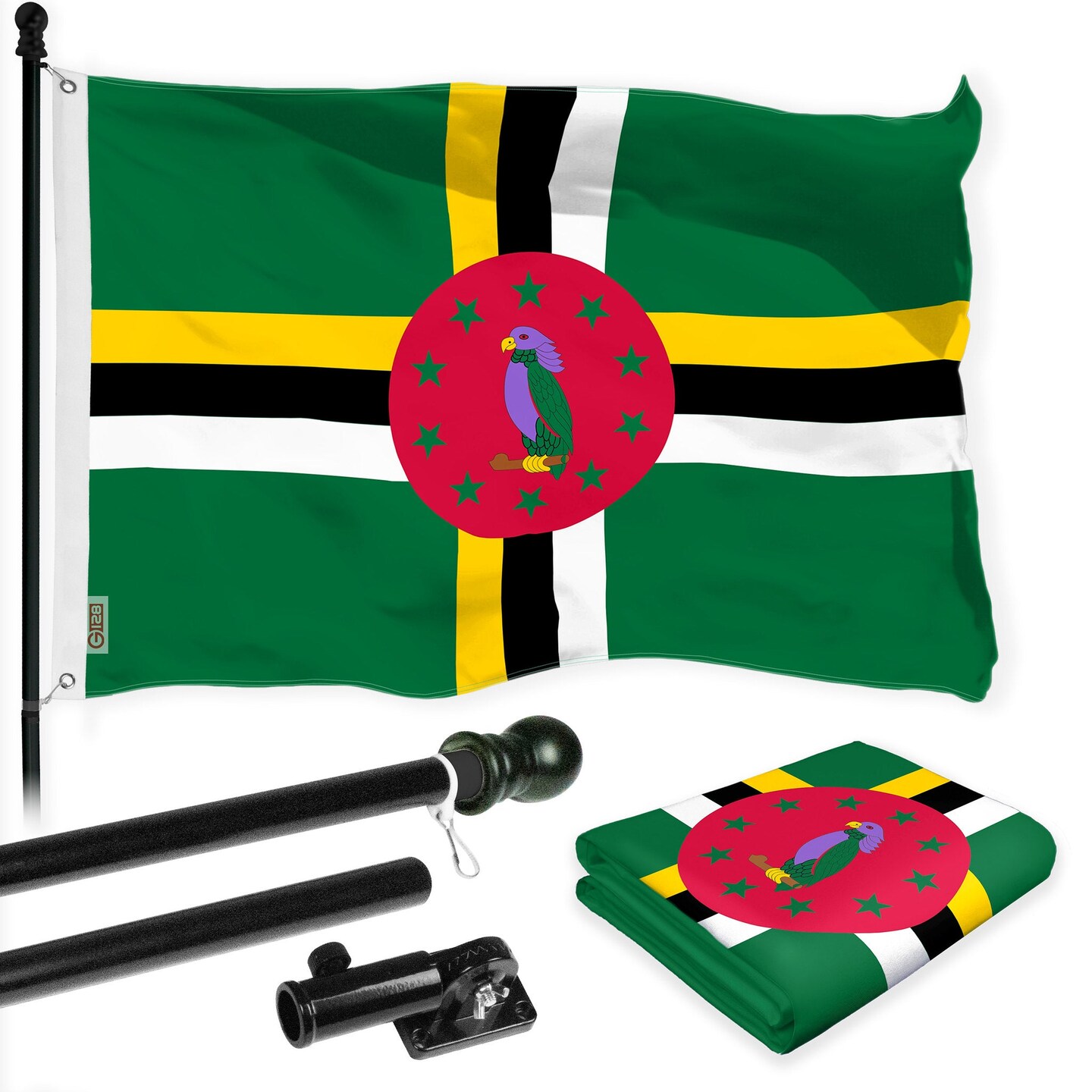 G128 Combo Pack: 6 Ft Tangle Free Aluminum Spinning Flagpole (Black) &#x26; Dominica Dominican Flag 3x5 Ft, LiteWeave Pro Series Printed 150D Polyester | Pole with Flag Included