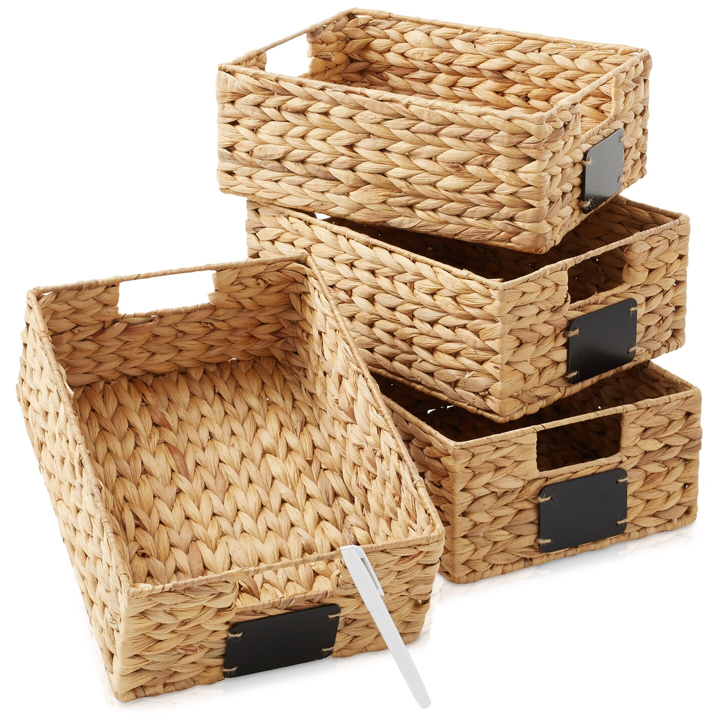 Casafield Water Hyacinth Pantry Baskets with Chalkboard Labels and Chalk Marker, Woven Storage Bin Organizers for Kitchen Shelves