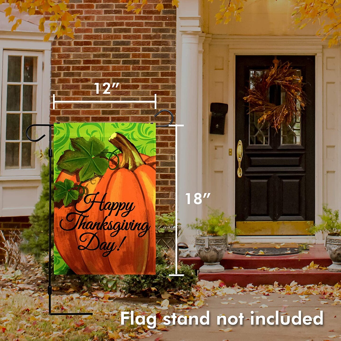 G128 - Home Decorative Thanksgiving Garden Flag, Happy Thanksgiving Day Quote with Pumpkin Decorations,  | 12x18 Inch | Printed 150D Polyester - Rustic Holiday Seasonal Outdoor Flag