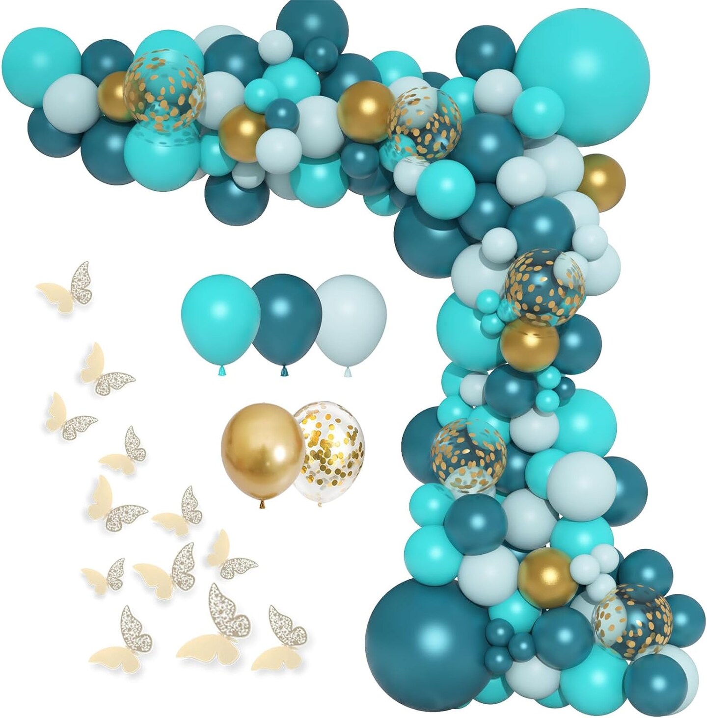 Teal Balloons Garland Arch Kit, 148Pcs Dark Teal Tiffany Blue Turquoise Metallic Gold Balloon with 12Pcs Gold Butterfly Stickers for Birthday Baby Bridal Shower Wedding Party Backdrop Decorations