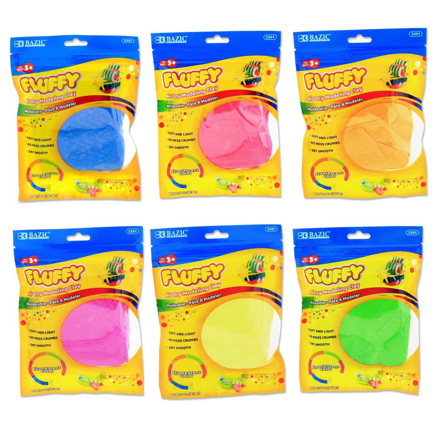 BAZIC Air Dry Modeling Clay Fluorescent Colors 2 Oz.
