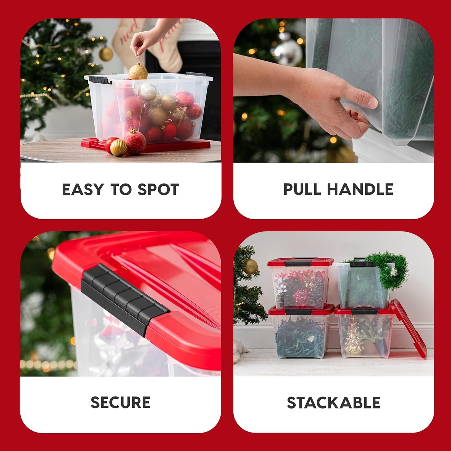 IRIS Christmas Plastic Storage Bins with Lids and Secure Latching Buckles, Holiday Red