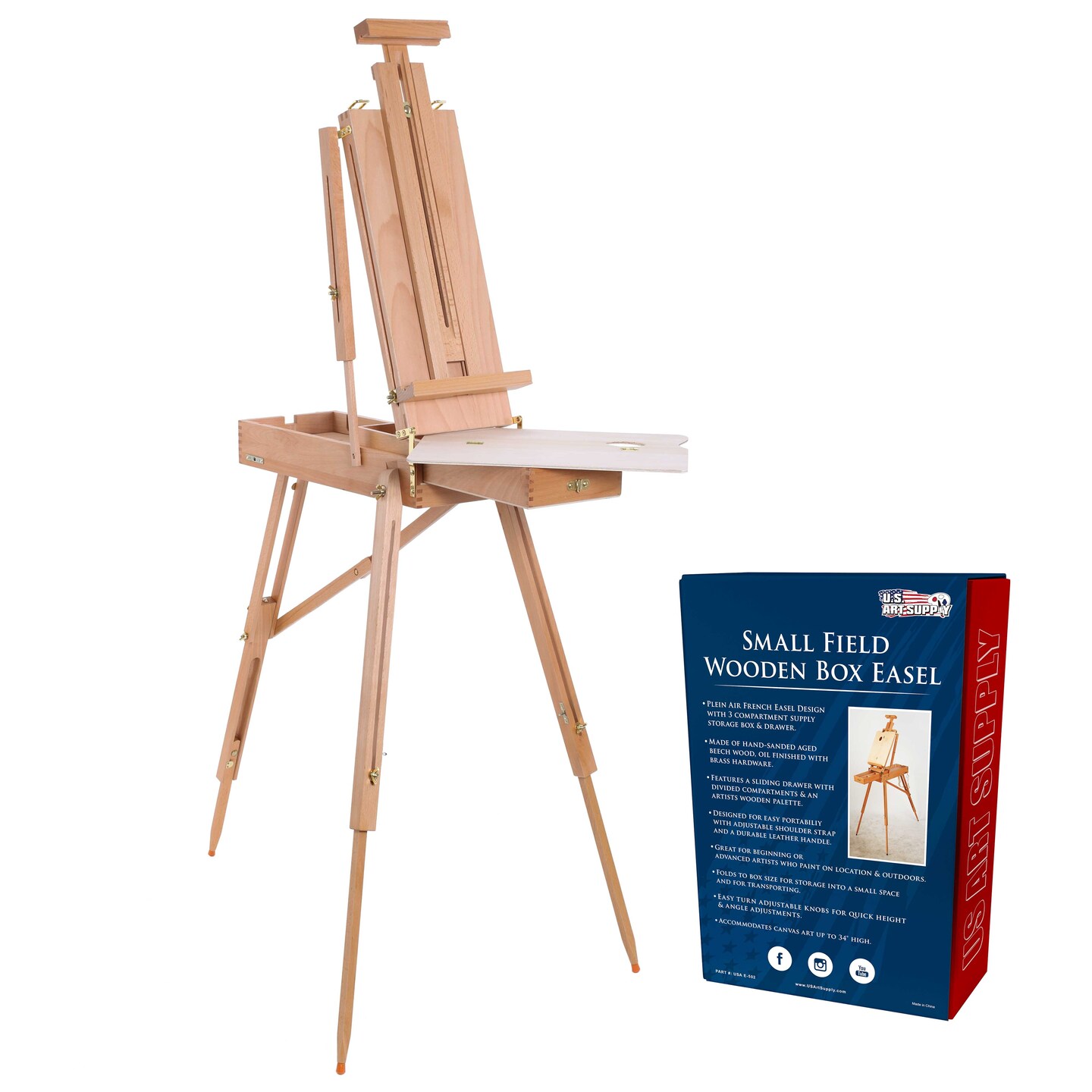 Coronado Small Box Wooden French Style Field &#x26; Studio Sketchbox Easel with Drawer, Beechwood, Artist Palette - Adjustable Wood Tripod Easel Stand