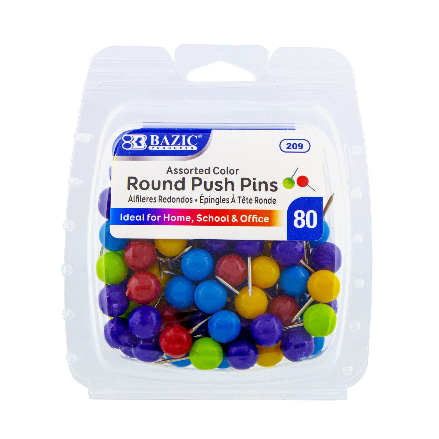 BAZIC Push Pins Round Assorted Color (80/Pack)