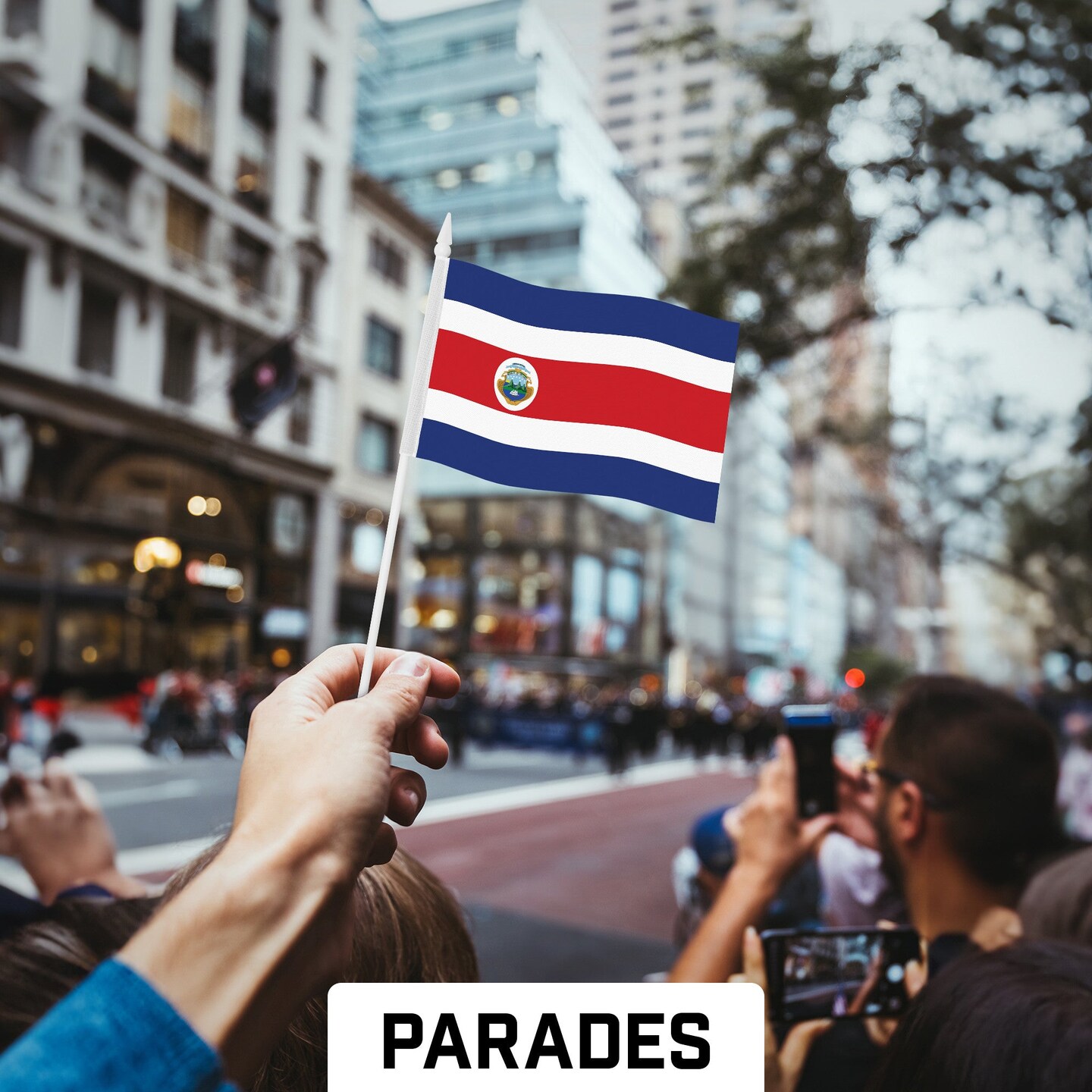 G128 50 Pack Handheld Costa Rica Costa Rican Stick Flags | 4x6 In | Printed 150D Polyester, Country Flag, Solid Plastic Stick, Spear White Tip
