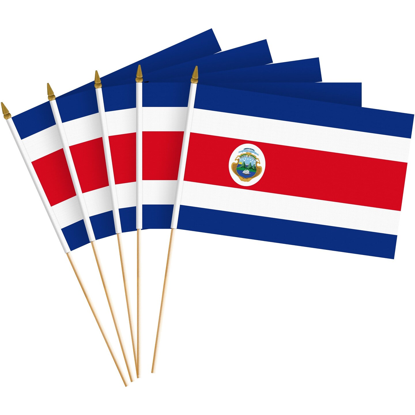 G128 24 Pack Handheld Costa Rica Costa Rican Stick Flags | 8x12 In | Printed 150D Polyester, Country Flag, Solid Wooden Stick, Spear Gold Tip