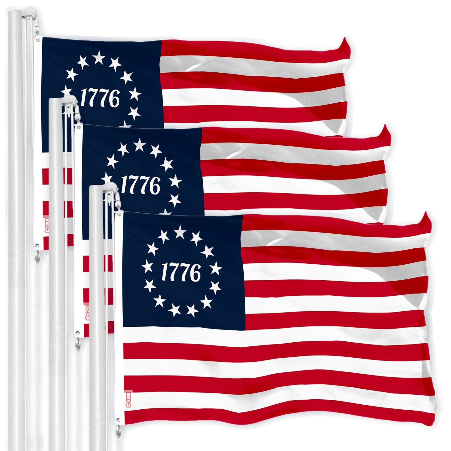G128 3 Pack: Betsy Ross 1776 Flag | 3x5 Ft | LiteWeave Pro Printed 150D Polyester | Historical Flag, Indoor/Outdoor, Vibrant Colors, Brass Grommets, Thicker and More Durable Than 100D 75D Polyester