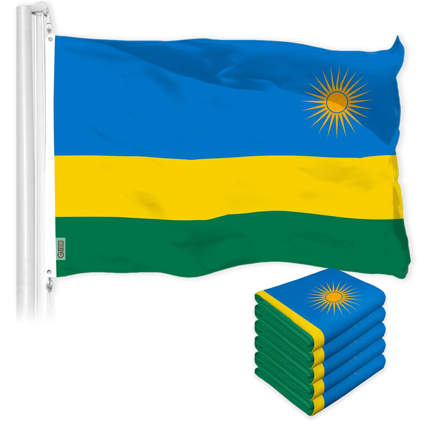 G128 5 Pack: Rwanda Rwandan Flag | 3x5 Ft | LiteWeave Pro Series Printed 150D Polyester | Country Flag, Indoor/Outdoor, Vibrant Colors, Brass Grommets, Thicker and More Durable Than 100D 75D Polyester