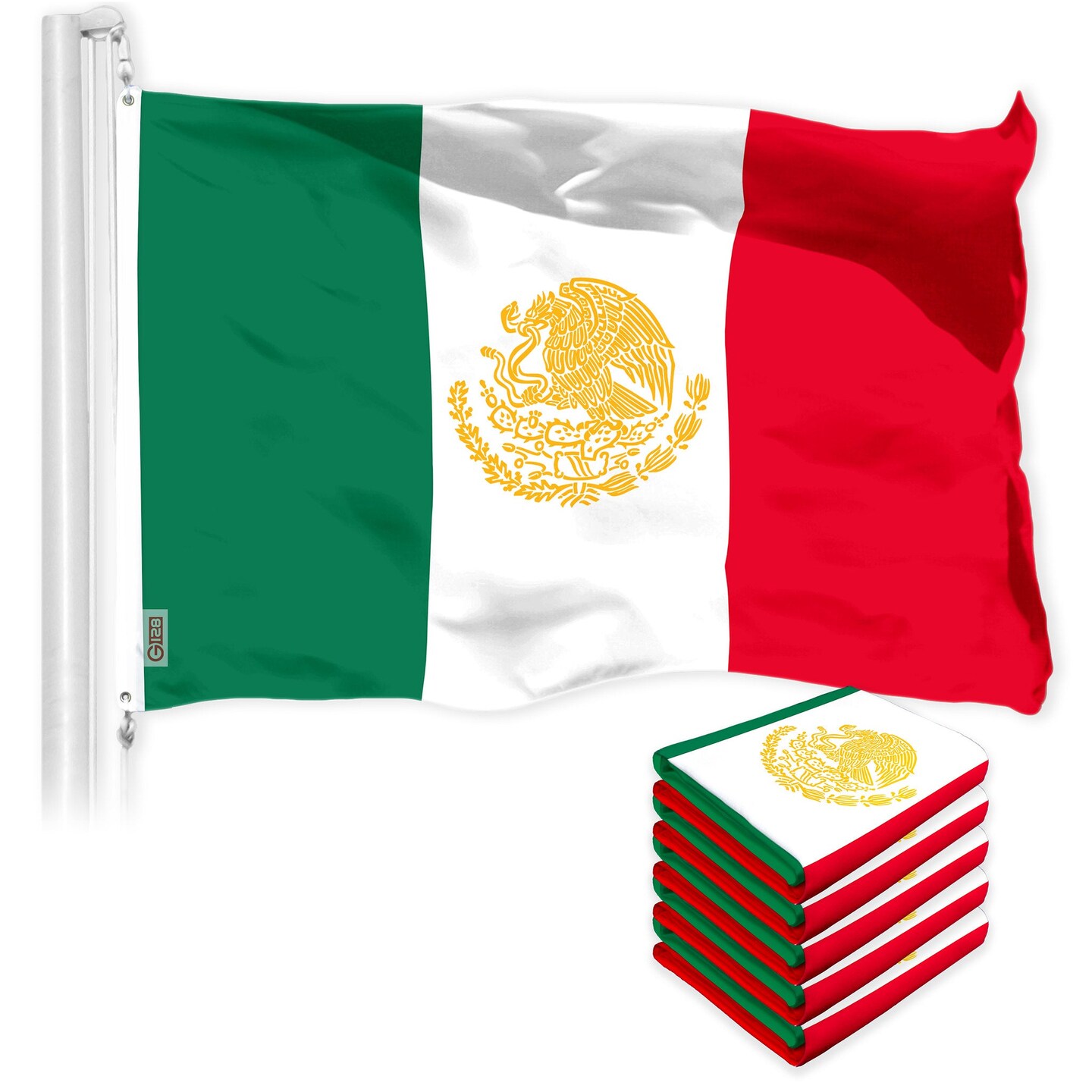G128 5 Pack: Mexico Mexican Golden Coat of Arms Flag | 3x5 Ft | LiteWeave Pro Series Printed 150D Polyester | Country Flag, Indoor/Outdoor, Vibrant Colors, Brass Grommets