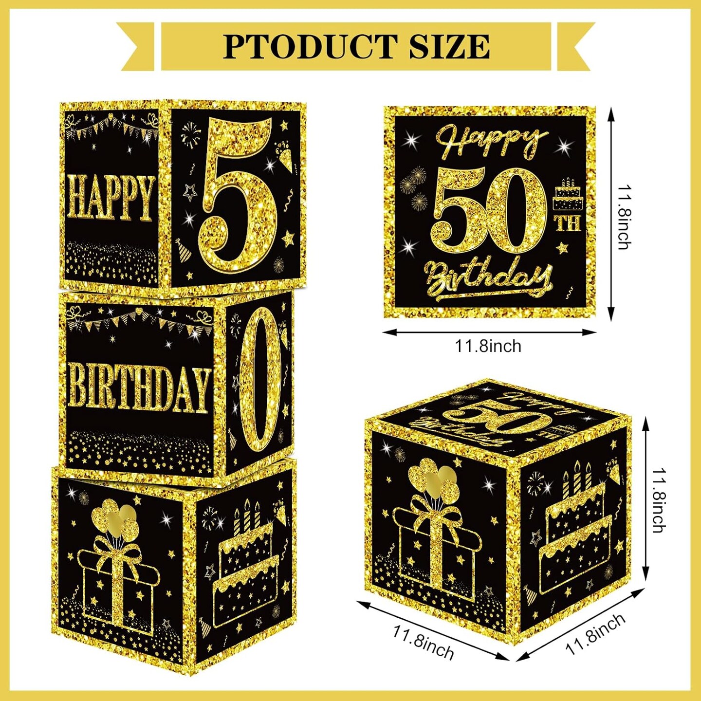 3pcs 50th Birthday Decorations Boxes for Men Women, Black Gold Happy 50 Birthday Balloons Boxes Party Supplies, 50 Year Old Bday Theme Cardboard Box