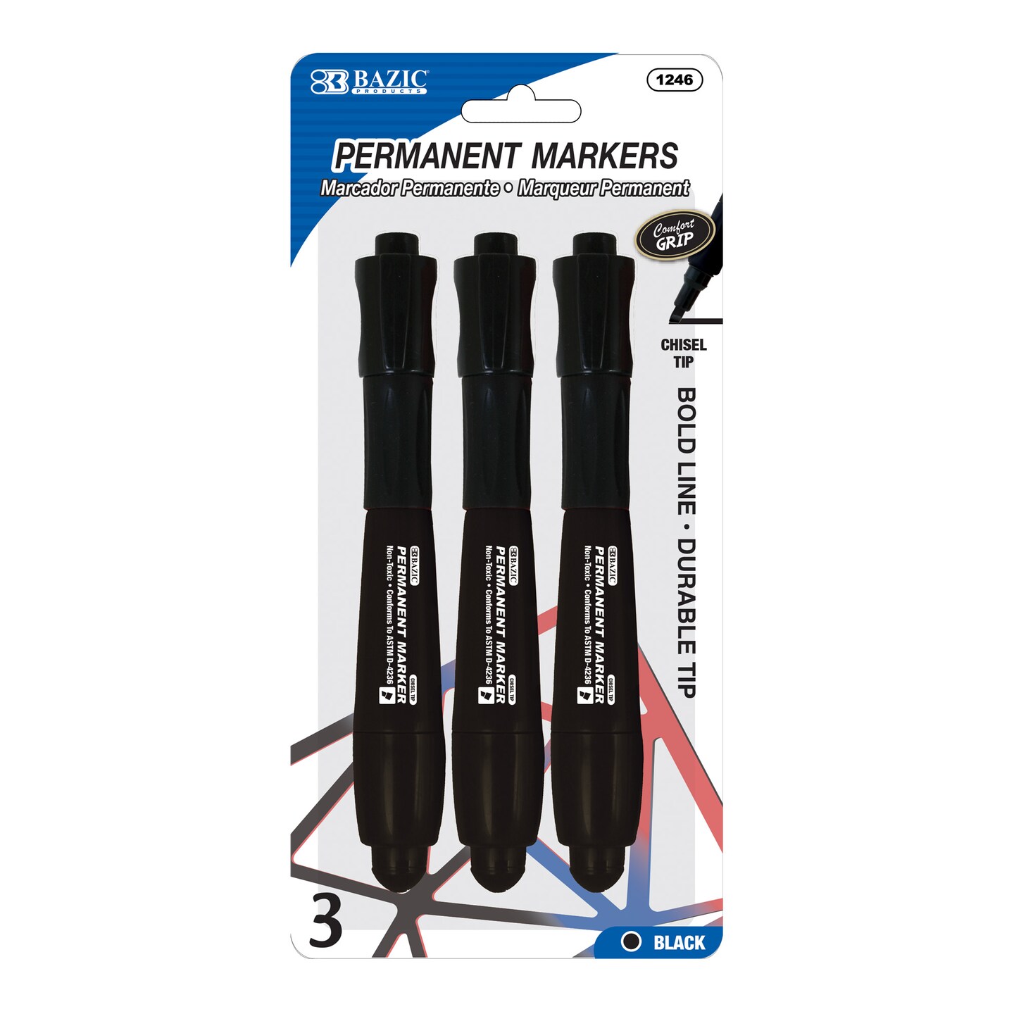 BAZIC Chisel Tip Jumbo Black Permanent Marker w/ Grip (3/Pack)
