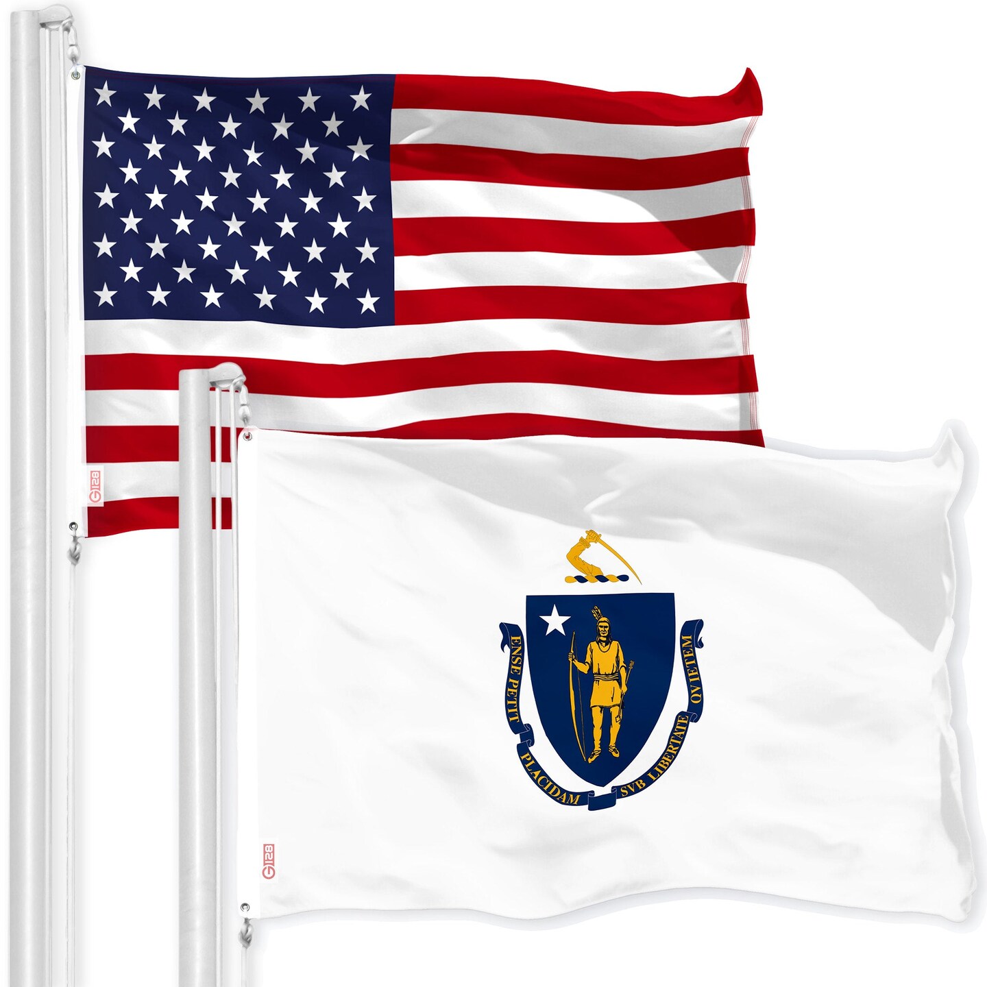G128 Combo Pack: American USA Flag 3x5 Ft &#x26; Massachusetts Flag 3x5 Ft, Both Printed 150D Polyester, Indoor/Outdoor, Brass Grommets