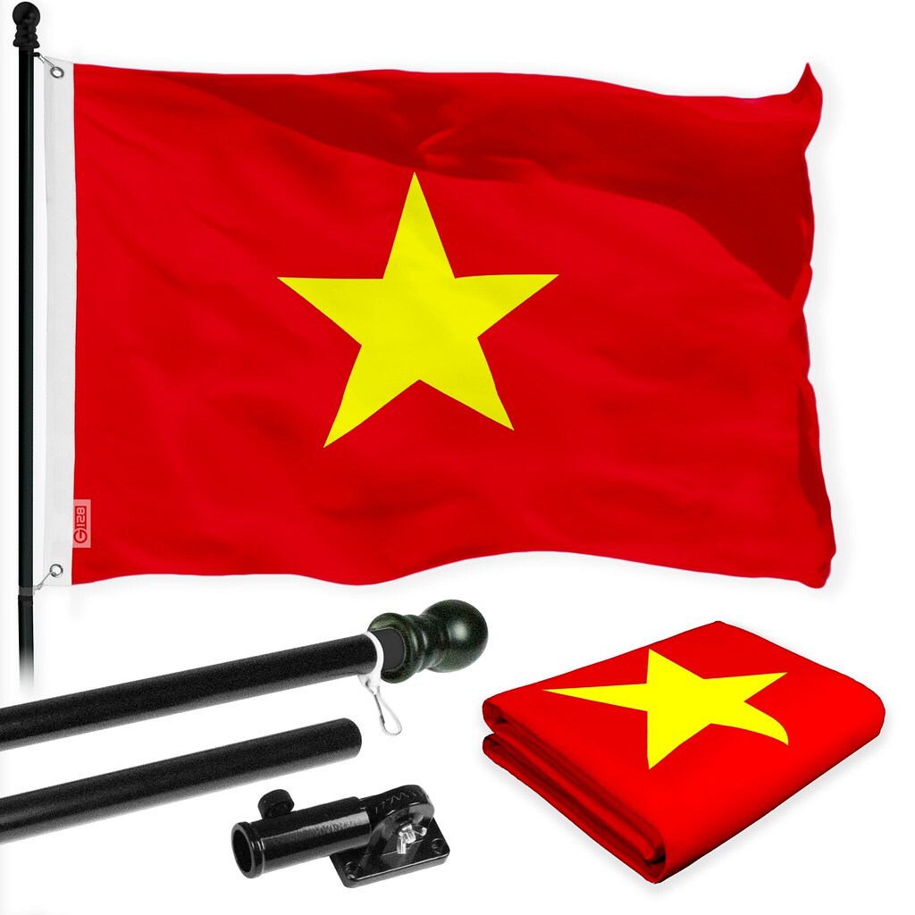 G128 Combo Pack: 6 Ft Tangle Free Spinning Flagpole (Black) &#x26; Vietnam Flag 3x5 Ft Printed 150D Polyester, Brass Grommets (Flag Included) Aluminum Flag Pole