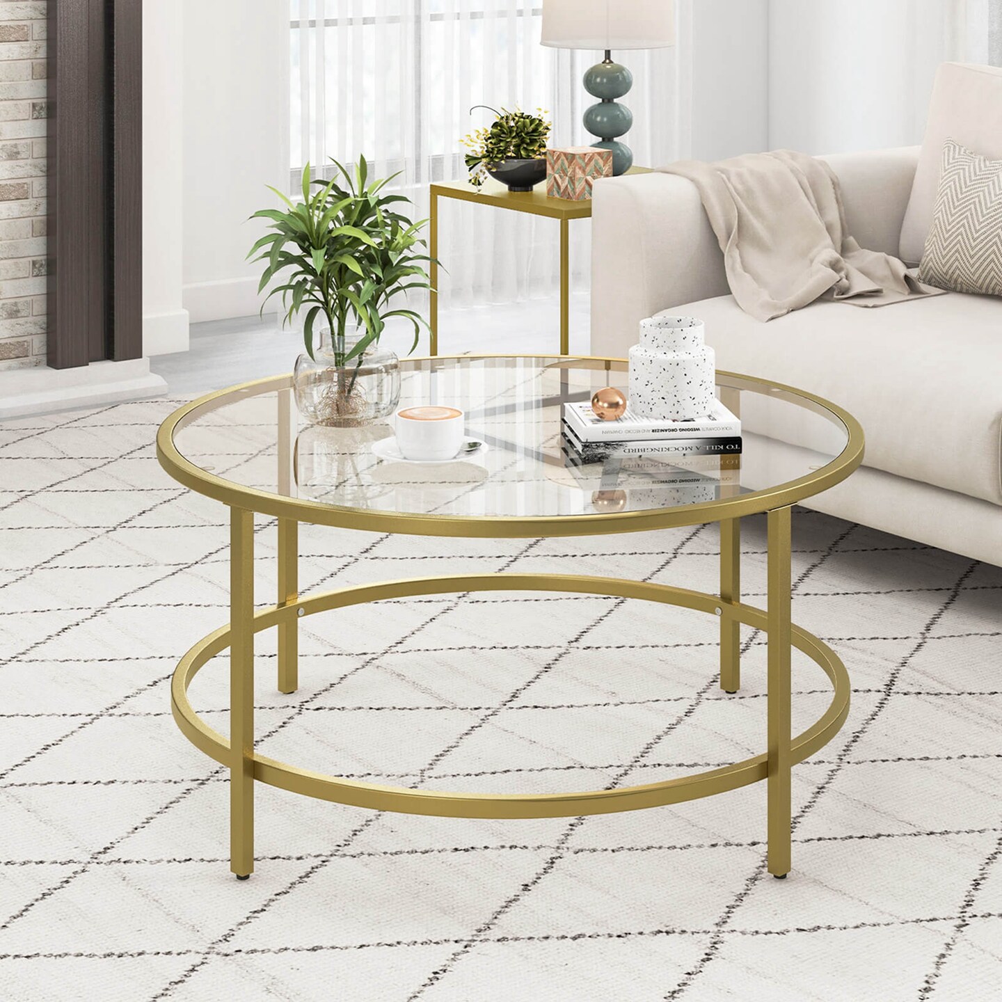 Costway 36'' Round Coffee Table Tempered Glass Tabletop Metal Frame Living Room Black/Golden