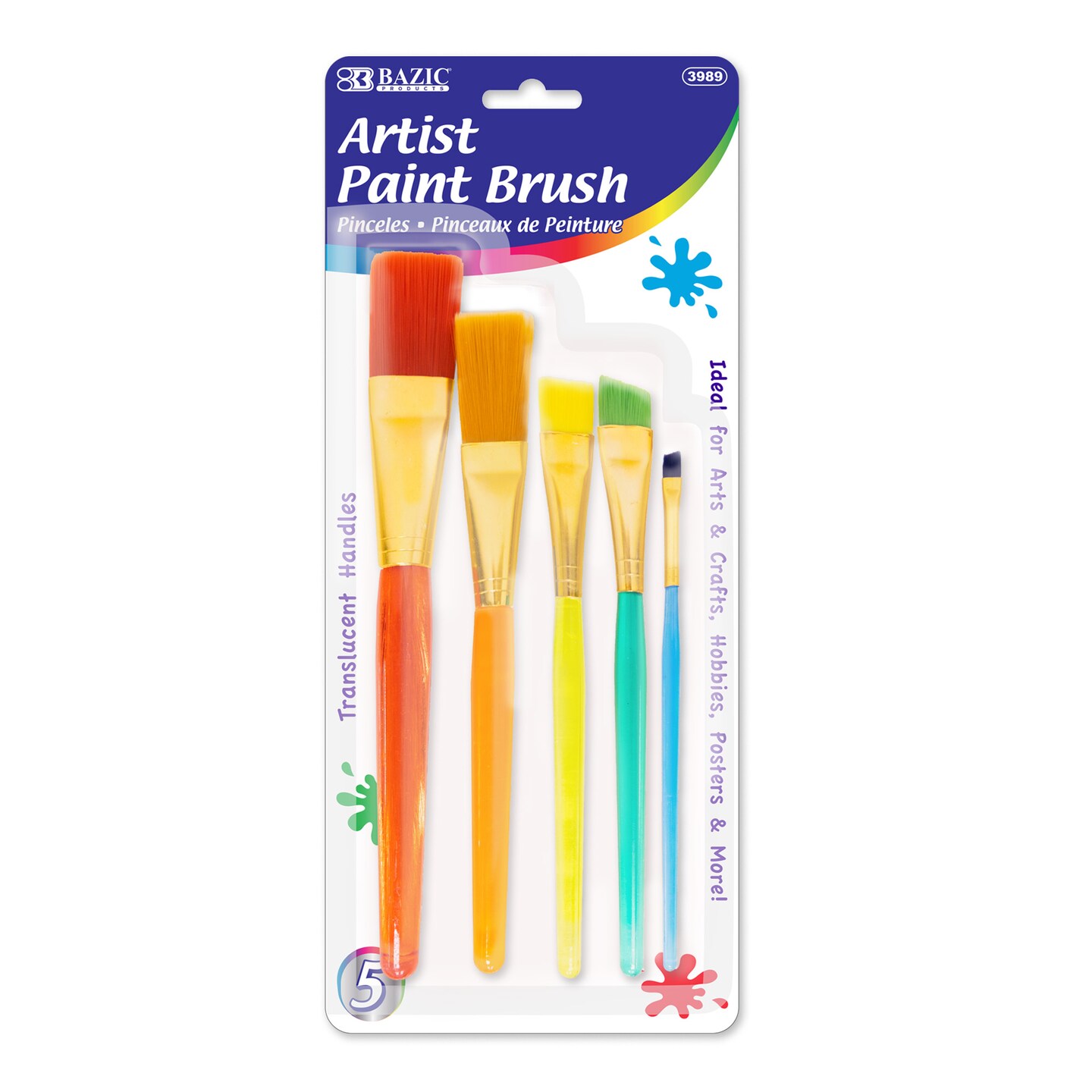 BAZIC Paint Brush Nylon w/ Translucent Handle set (5/Pack)