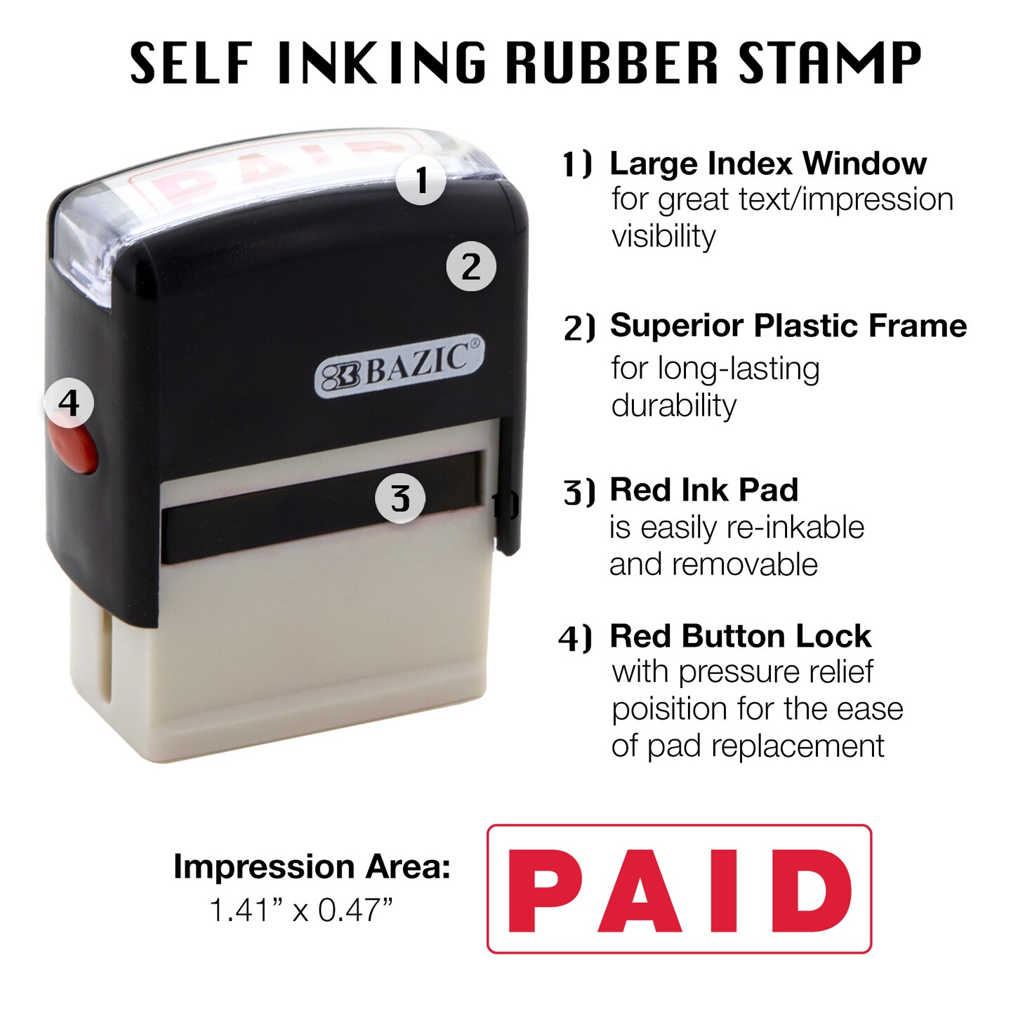 BAZIC Paid Self Inking Rubber Stamp (Red Ink)