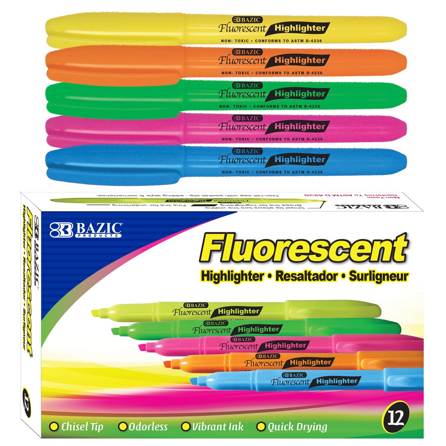 BAZIC Pen Style (Pack) Fluorescent Highlighter Asst Color w/ Pocket Clip (12/Pack)