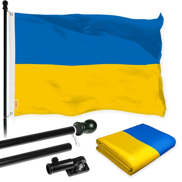 G128 Flag Pole 6FT Black Tangle Free &#x26; Ukraine Ukrainian Flag 3x5 Ft Combo Printed 150D Polyester