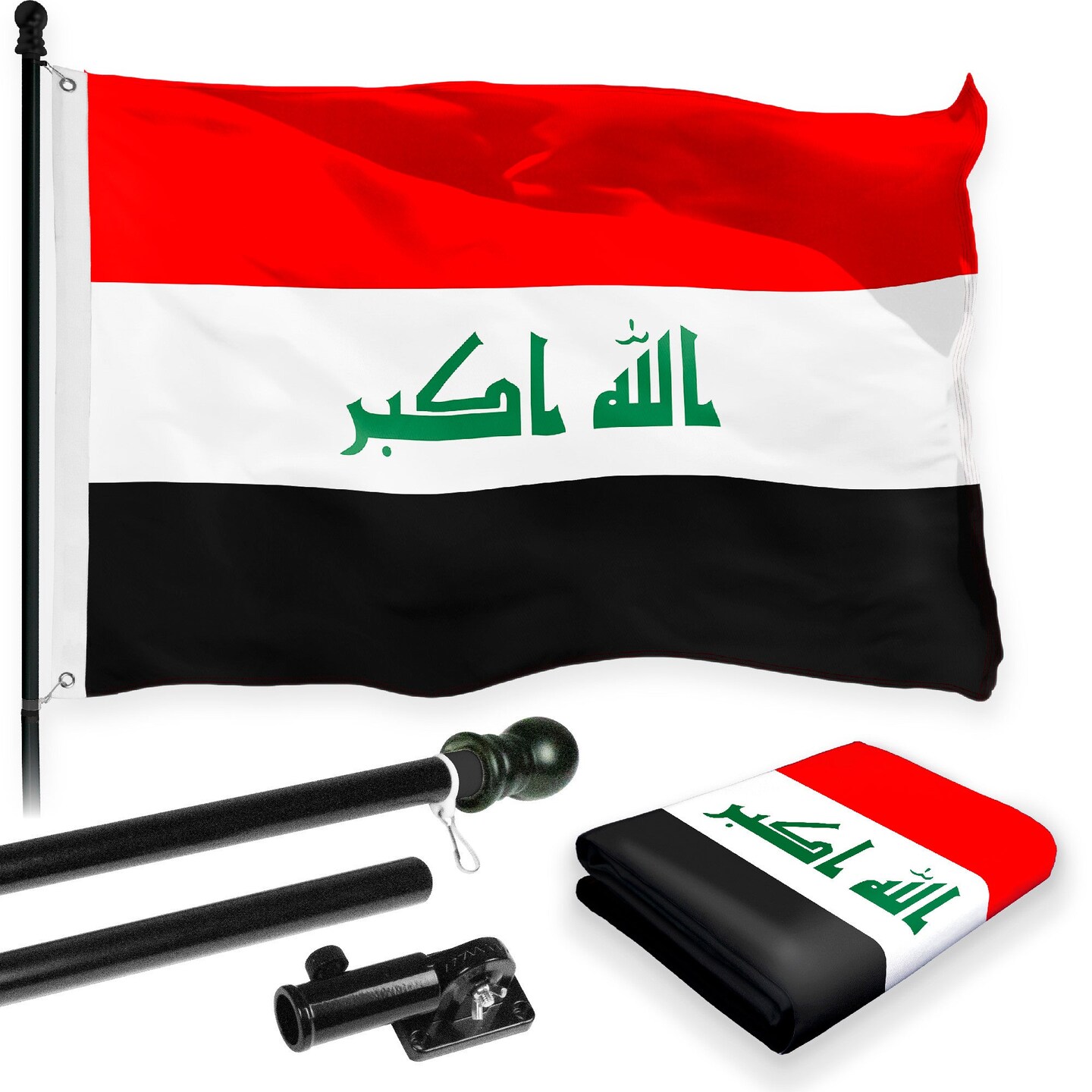Flag Pole 6FT Black Tangle Free & Iraq Iraqi Flag 3x5 Ft Combo Printed 150D Polyester By G128