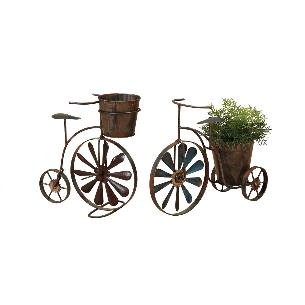 Diva At Home Set of 2 Brown Antique Styled Tricycle Planters with Wind Spinner Spokes 15&#x22;