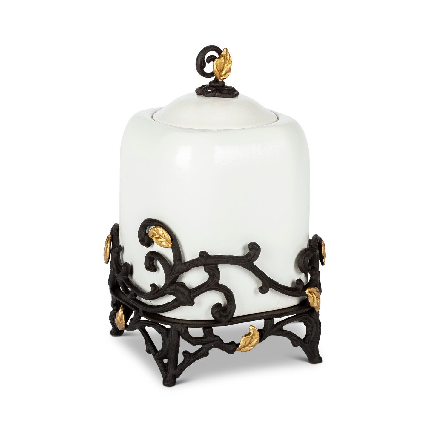 Gerson 12.25&#x22; White and Black Round Canister with Gold Leaf Metal Base