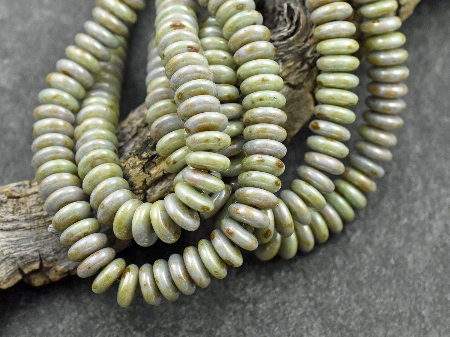 *50* 6x2mm Sage Green Luster Picasso Smooth Rondelle Beads