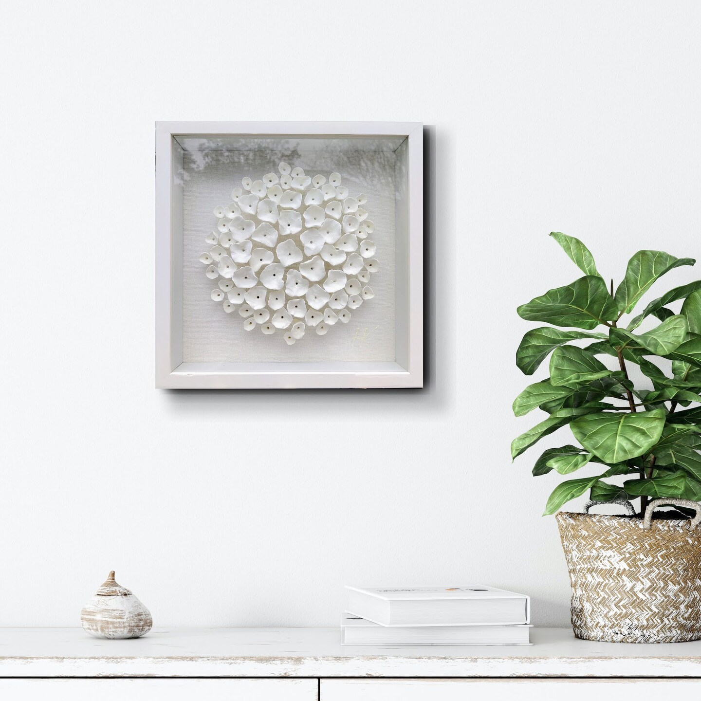 White flowers wall sculpture, framed square canvas art, abstract art, ivory  wall art, clay wall sculpture, canvas wall art, abstract floral