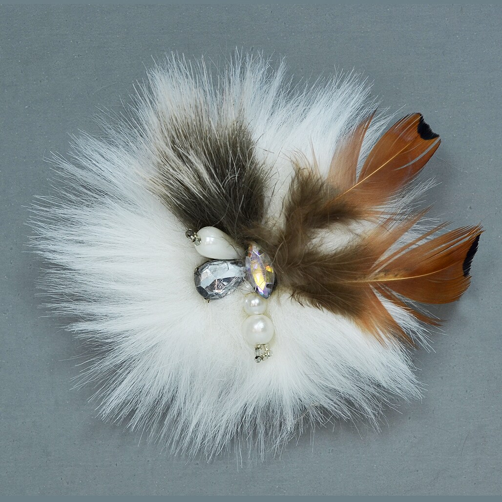 Faux Fur Feather Brooch Pin Hair Clip Accessory with Crystal Gems