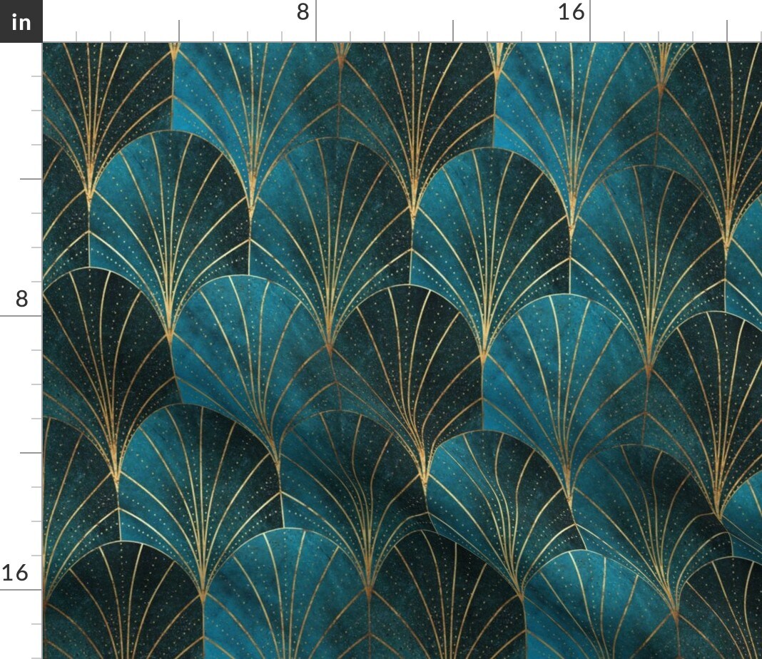1920S Fans Art Deco Glam Ombre Blue Geometric Vintage Retro 20S Flappers Dark Teal Custom Printed Fabric by Spoonflower Various Fabrics by the Yard or Fat Quarter