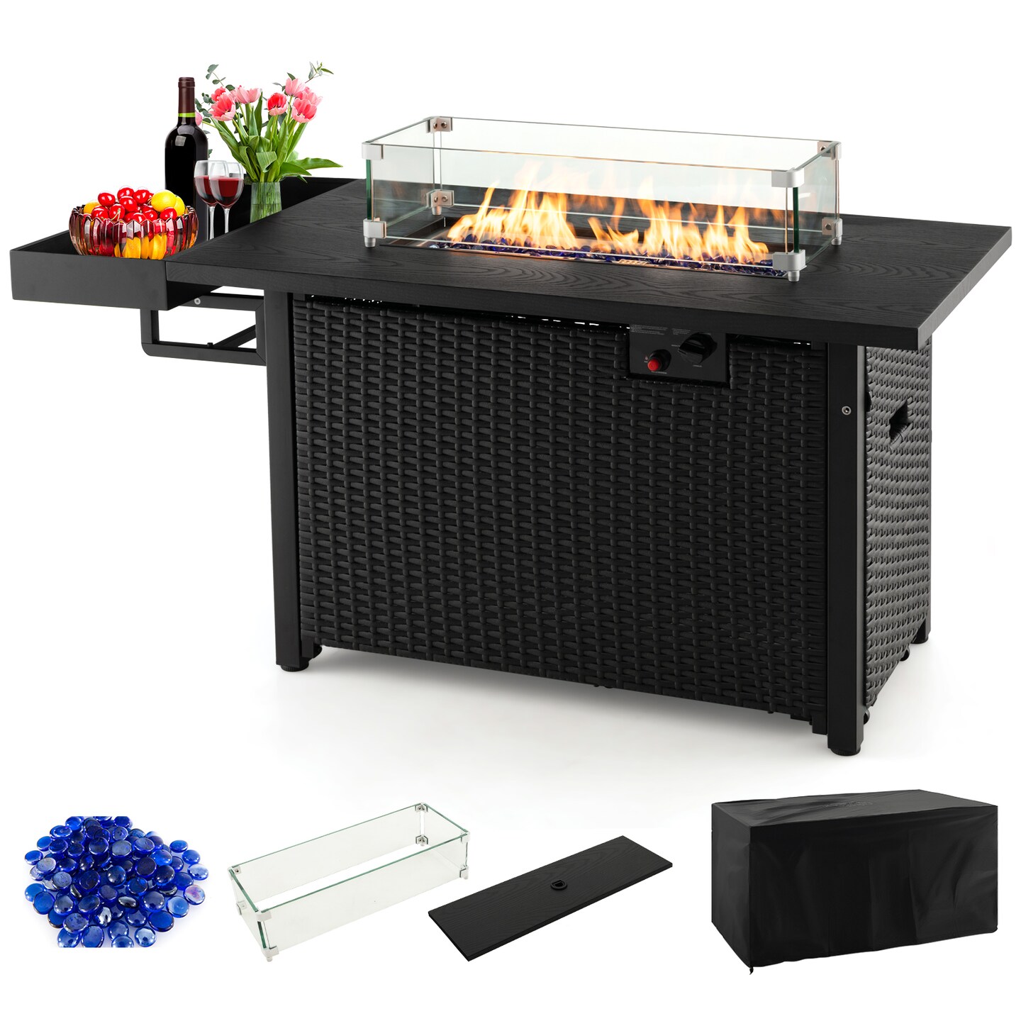 52 Inches Outdoor Wicker Gas Fire Pit Propane Fire Table with Cover