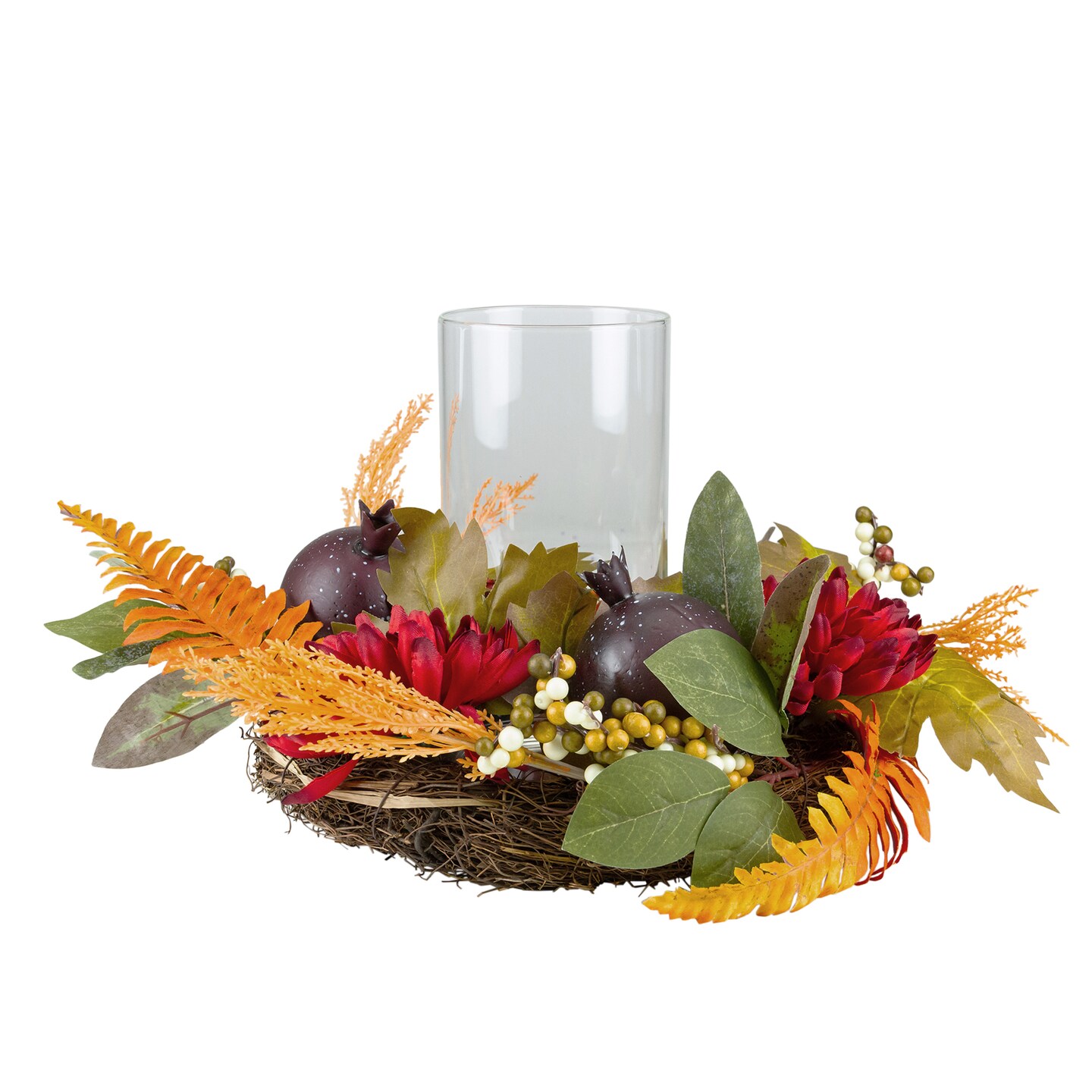 Northlight 22&#x22; Mums with Pomegranate Fall Candle Holder Centerpiece
