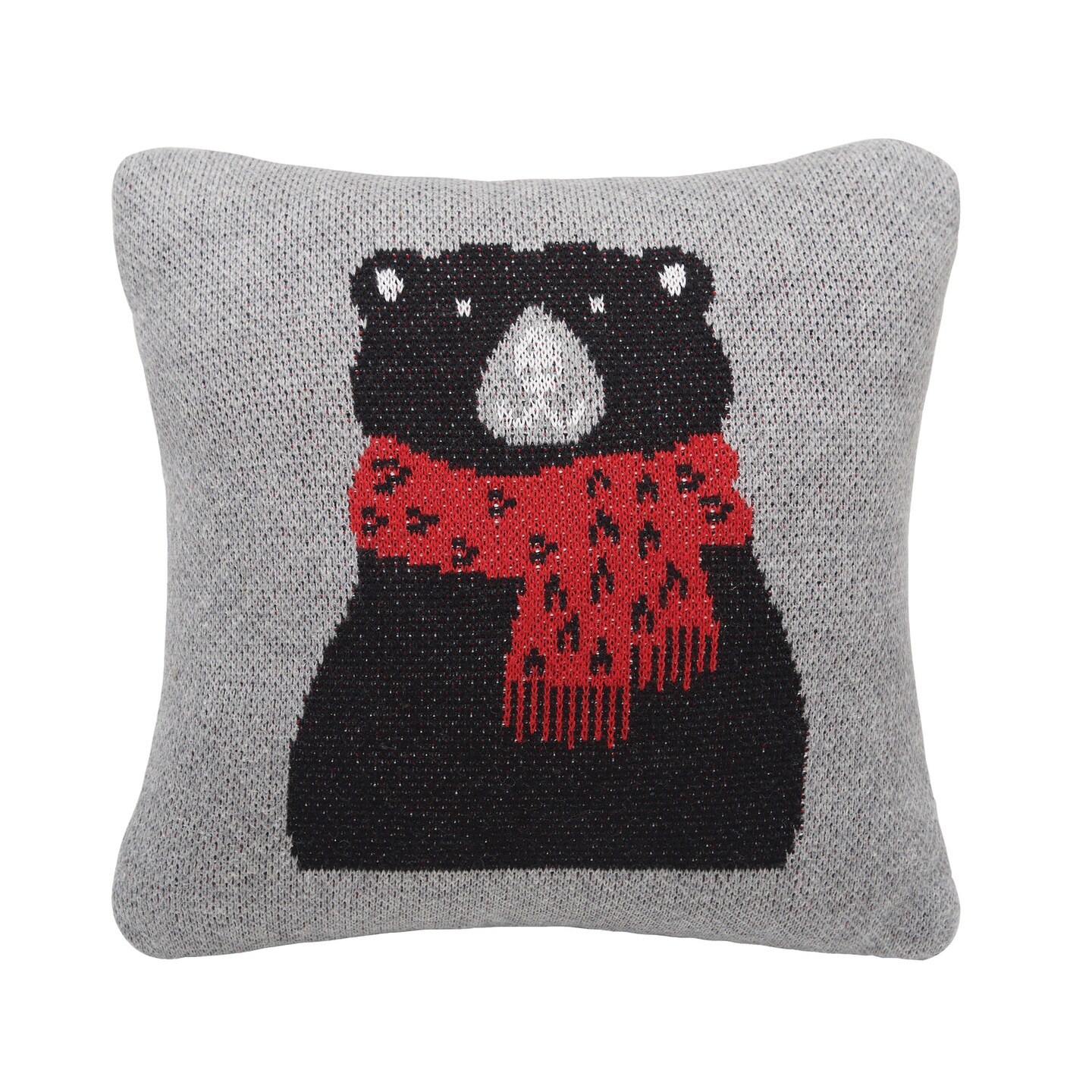 10" x 10" Winter Black Bear Wearing Red Scarf on Gray Background Cotton